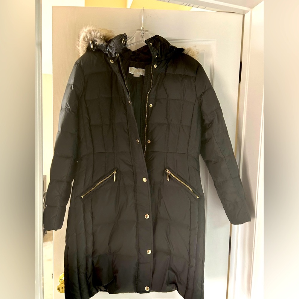 Michael Kors puffer coat size L with fur hood above knee length